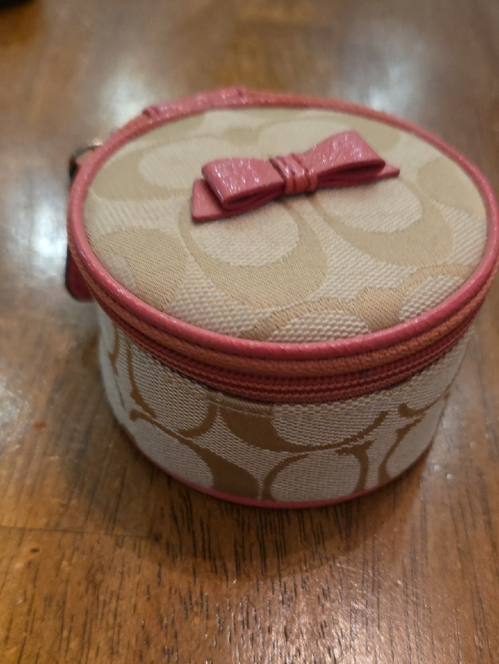 Coach Tan Signature Round Jewelry Case with Pink Trim